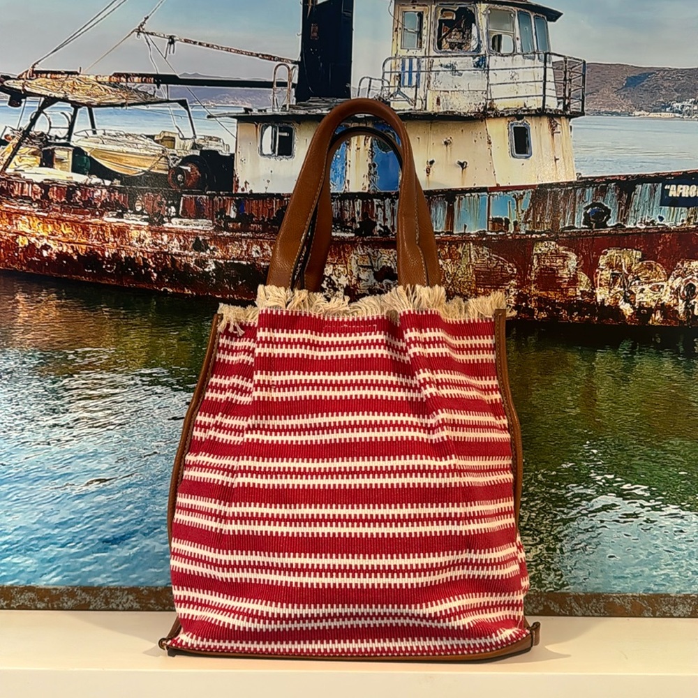 Clarks fringe striped leather and canvas tote